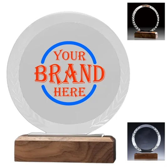 Round K9 Crystal Award with Wooden Base