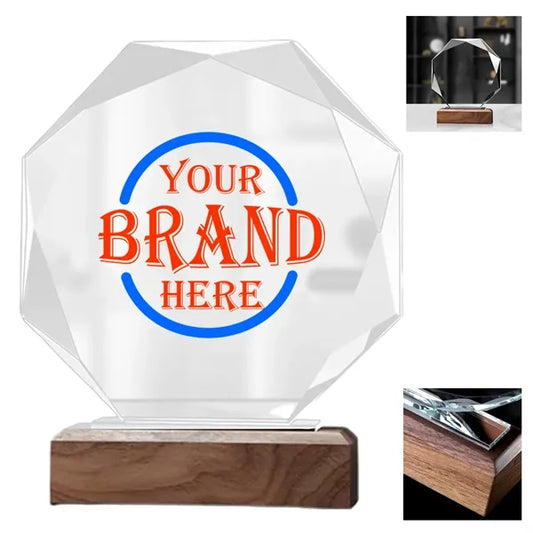 Octagonal K9 Crystal Award with Wooden Base