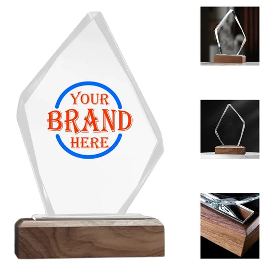 Pentagonal K9 Crystal Award with Wooden Base