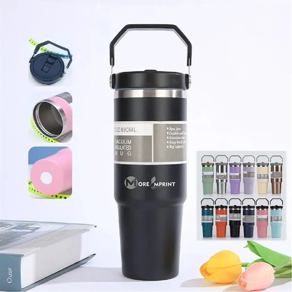 30oz Steel Insulated Top Handle Flip Straw Car Tumbler
