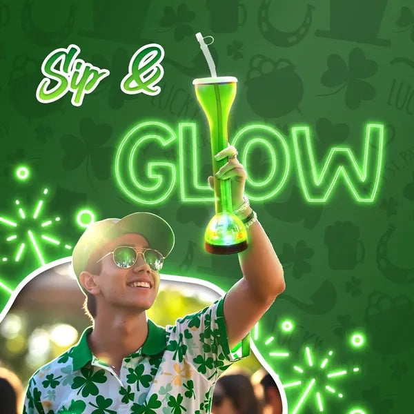 17 oz Green LED Flashing Yard Cup Glass Bottle with Straw