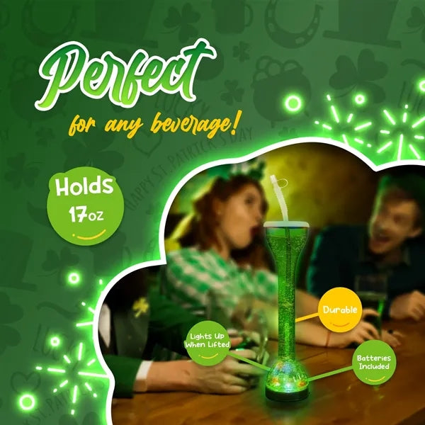 17 oz Green LED Flashing Yard Cup Glass Bottle with Straw
