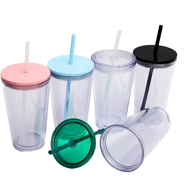 16 OZ Double Wall Plastic Cup With Lid And Straw