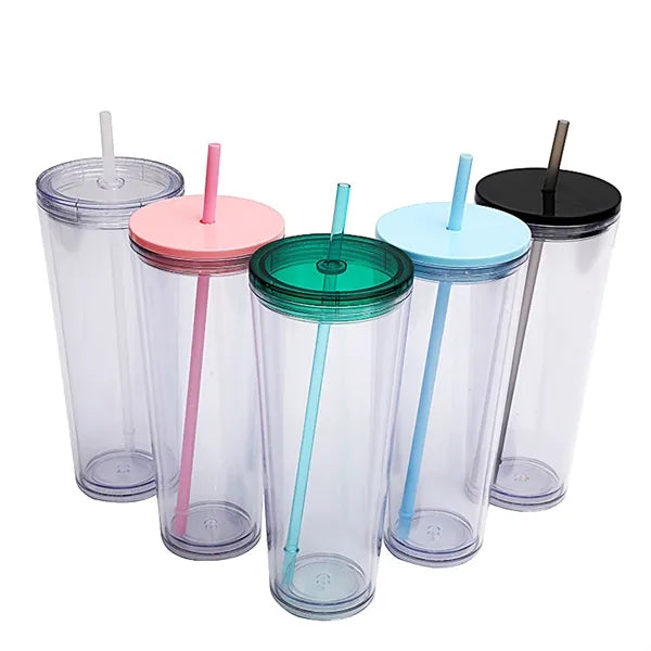 16 OZ Double Wall Plastic Cup With Lid And Straw