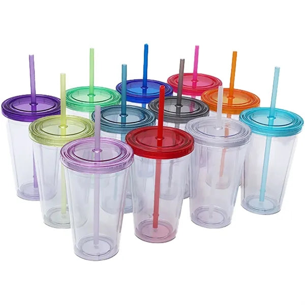 16 OZ Double Wall Plastic Cup With Lid And Straw