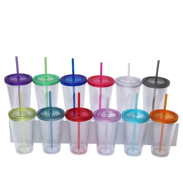 16 OZ Double Wall Plastic Cup With Lid And Straw