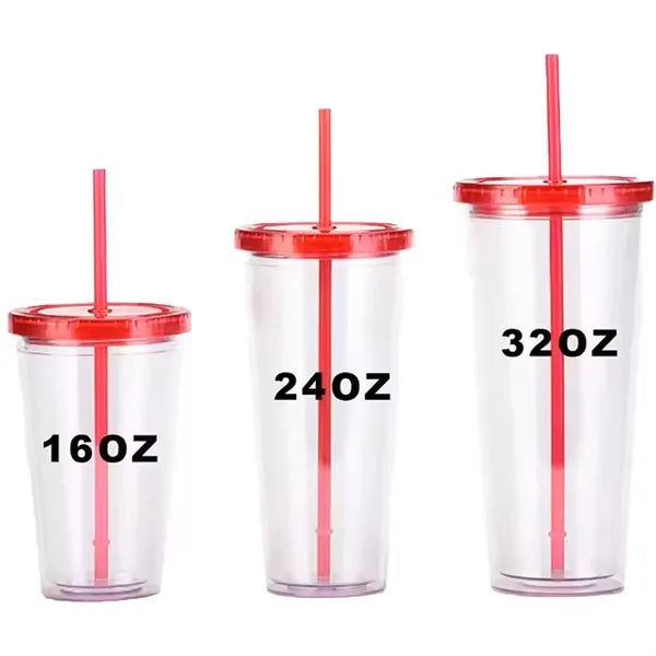 16 OZ Double Wall Plastic Cup With Lid And Straw
