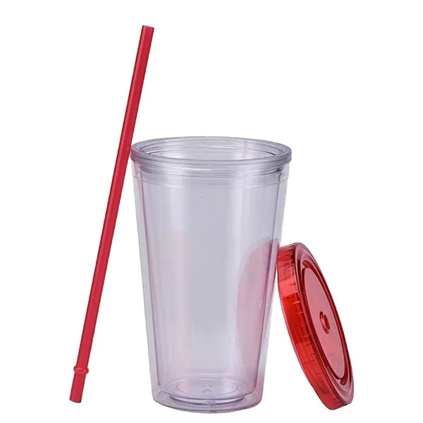 16 OZ Double Wall Plastic Cup With Lid And Straw