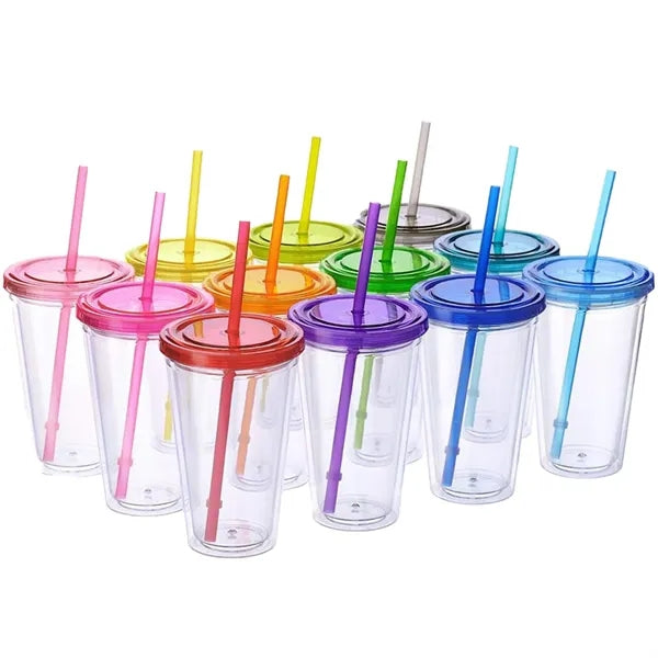 16 OZ Double Wall Plastic Cup With Lid And Straw