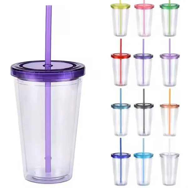 16 OZ Double Wall Plastic Cup With Lid And Straw
