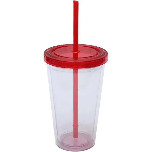 16 OZ Double Wall Plastic Cup With Lid And Straw