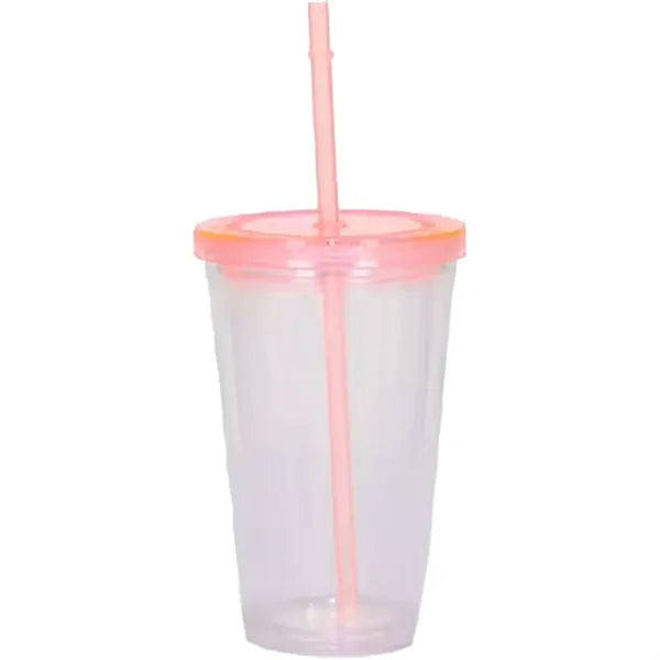 16 OZ Double Wall Plastic Cup With Lid And Straw