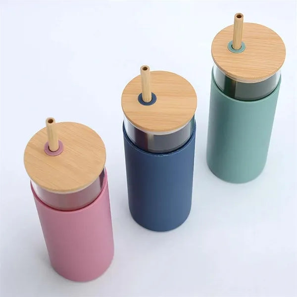 Bamboo lid beer iced coffee water bottle glass tumbler