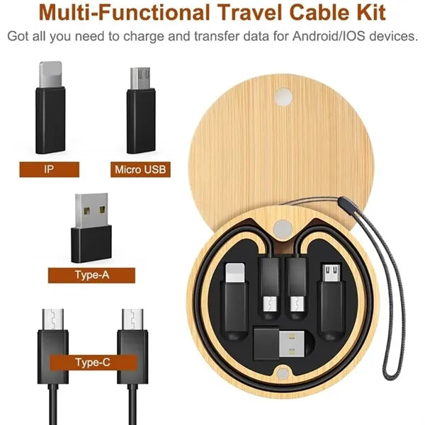 Round Bamboo Multi USB Charging Adapter Cable Kit