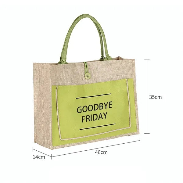 Two Tone Cotton Pocket Jute Tote Bag W18" x H13.7" x D5.5