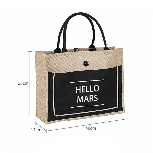 Two Tone Cotton Pocket Jute Tote Bag W18" x H13.7" x D5.5
