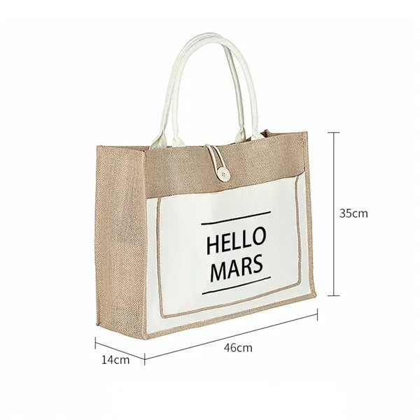 Two Tone Cotton Pocket Jute Tote Bag W18" x H13.7" x D5.5