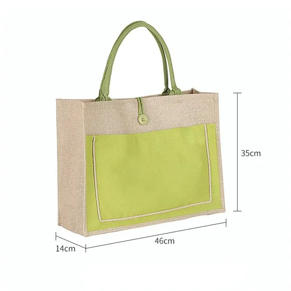Two Tone Cotton Pocket Jute Tote Bag W18" x H13.7" x D5.5