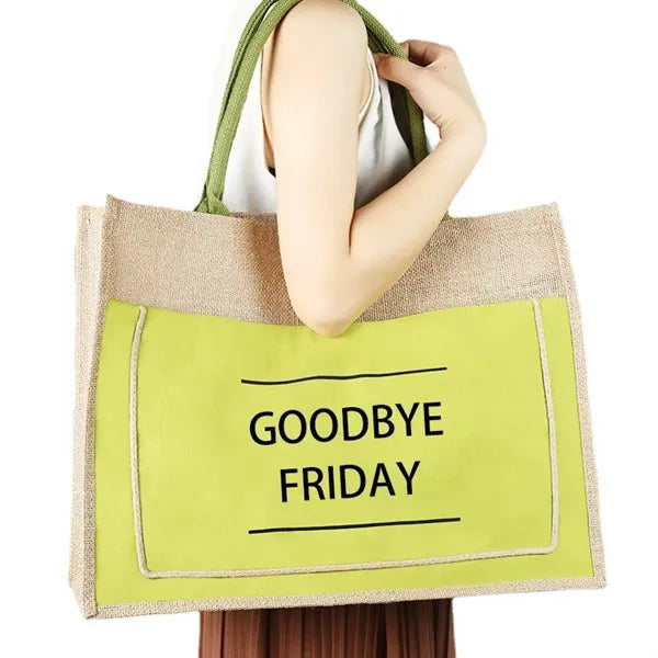 Two Tone Cotton Pocket Jute Tote Bag W18" x H13.7" x D5.5