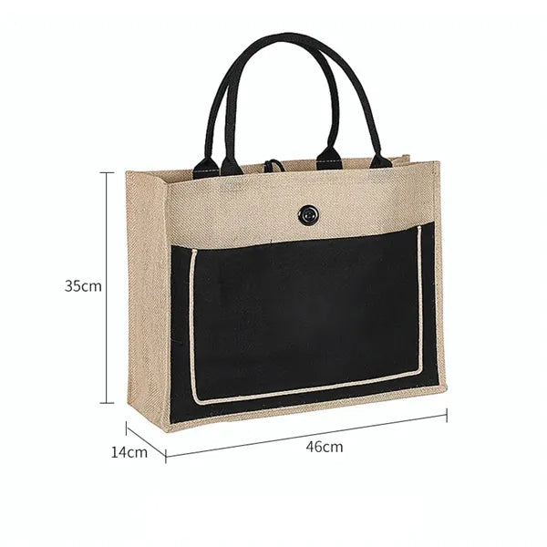 Two Tone Cotton Pocket Jute Tote Bag W18" x H13.7" x D5.5