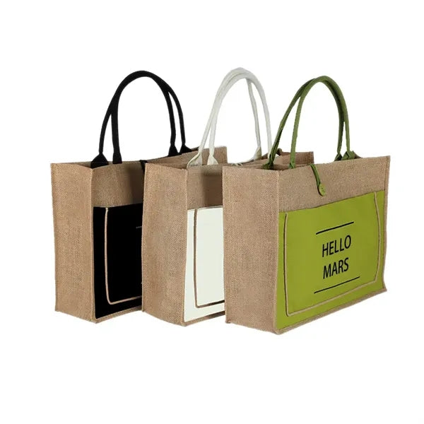 Two Tone Cotton Pocket Jute Tote Bag W13.7x H11.8" x D5.5""
