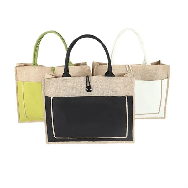 Two Tone Cotton Pocket Jute Tote Bag W13.7x H11.8" x D5.5""