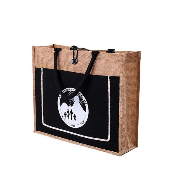 Two Tone Cotton Pocket Jute Tote Bag W13.7x H11.8" x D5.5""