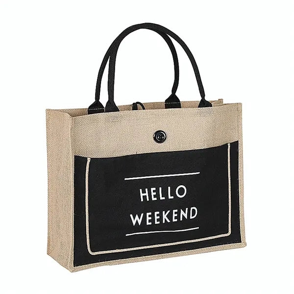 Two Tone Cotton Pocket Jute Tote Bag W13.7x H11.8" x D5.5""