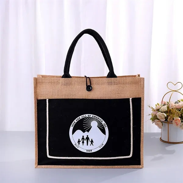 Two Tone Cotton Pocket Jute Tote Bag W13.7x H11.8" x D5.5""