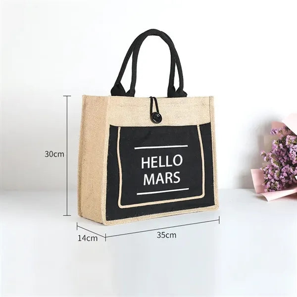 Two Tone Cotton Pocket Jute Tote Bag W13.7x H11.8" x D5.5""