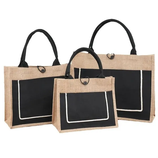 Two Tone Cotton Pocket Jute Tote Bag W13.7x H11.8" x D5.5""