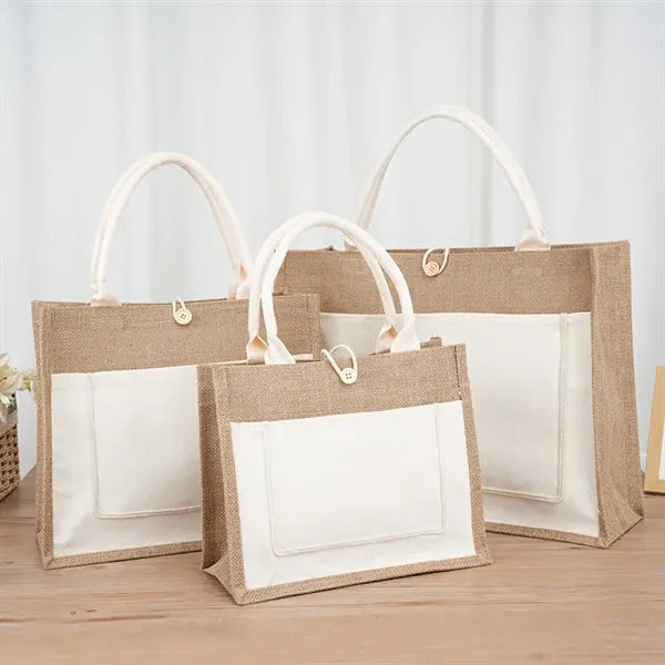 Two Tone Cotton Pocket Jute Tote Bag W13.7x H11.8" x D5.5""