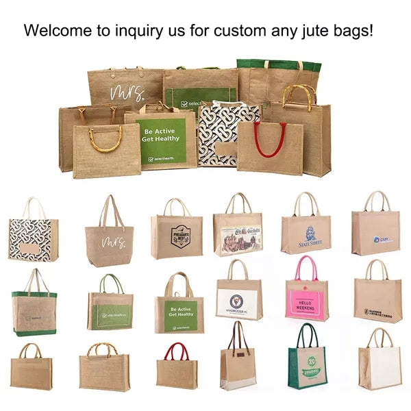 Two Tone Cotton Pocket Jute Tote Bag W13.7x H11.8" x D5.5""