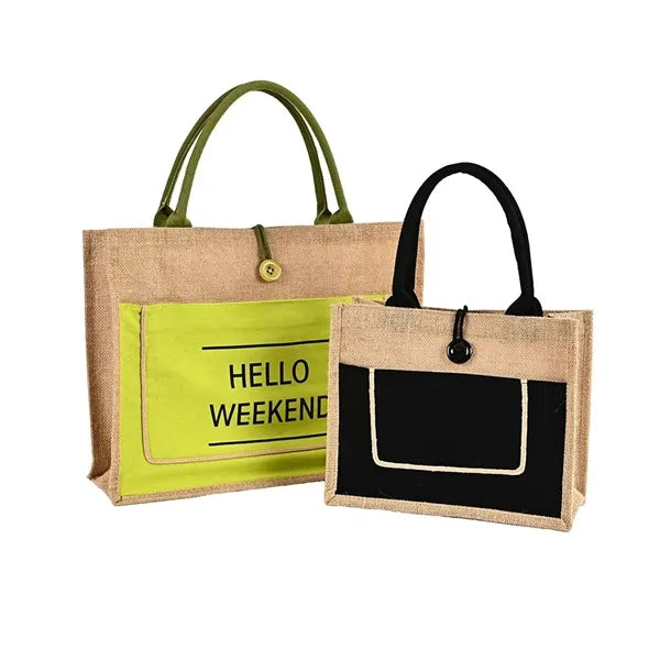 Two Tone Cotton Pocket Jute Tote Bag W11.8" x H9.8" x D5.1"