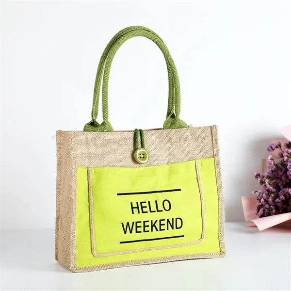 Two Tone Cotton Pocket Jute Tote Bag W11.8" x H9.8" x D5.1"