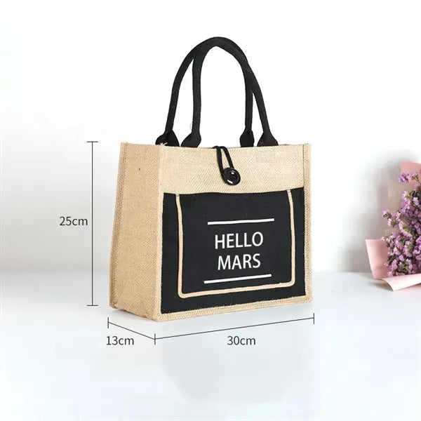 Two Tone Cotton Pocket Jute Tote Bag W11.8" x H9.8" x D5.1"