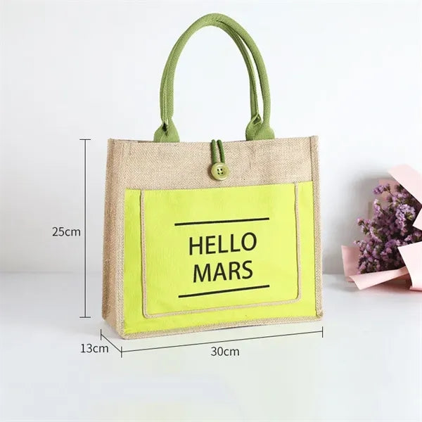 Two Tone Cotton Pocket Jute Tote Bag W11.8" x H9.8" x D5.1"