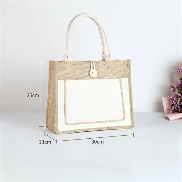 Two Tone Cotton Pocket Jute Tote Bag W11.8" x H9.8" x D5.1"