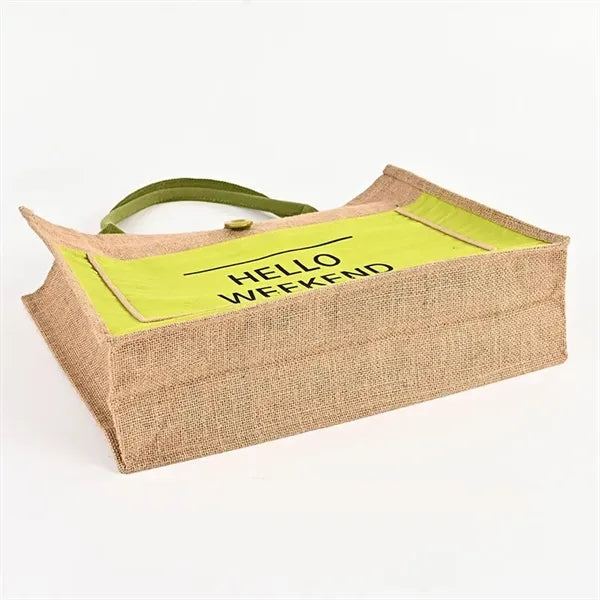 Two Tone Cotton Pocket Jute Tote Bag W11.8" x H9.8" x D5.1"
