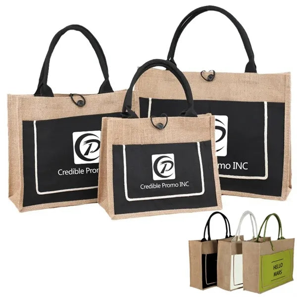 Two Tone Cotton Pocket Jute Tote Bag W11.8" x H9.8" x D5.1"
