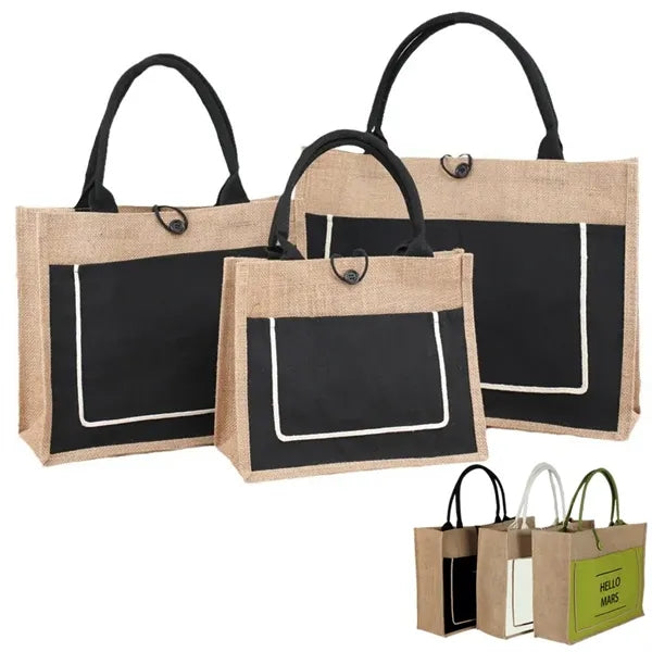 Two Tone Cotton Pocket Jute Tote Bag W11.8" x H9.8" x D5.1"