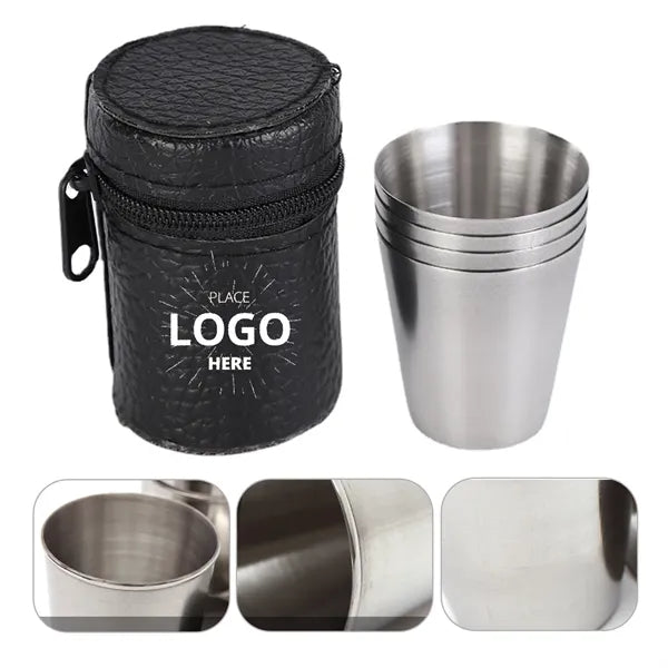 3.4oz. Portable Stainless Steel Cups Set With Leather Cover