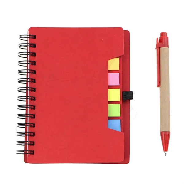 Brown paper notebook with pen and post-it notes