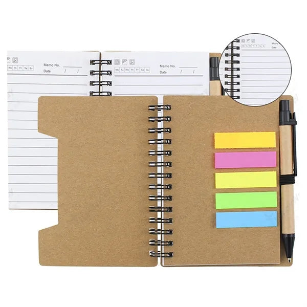 Brown paper notebook with pen and post-it notes