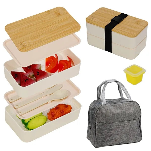Safety Bamboo Wood Cover Double Layer Lunch Box