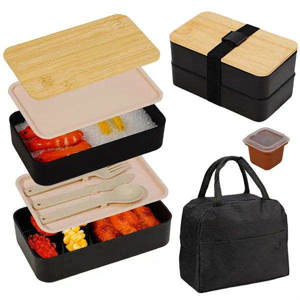 Safety Bamboo Wood Cover Double Layer Lunch Box