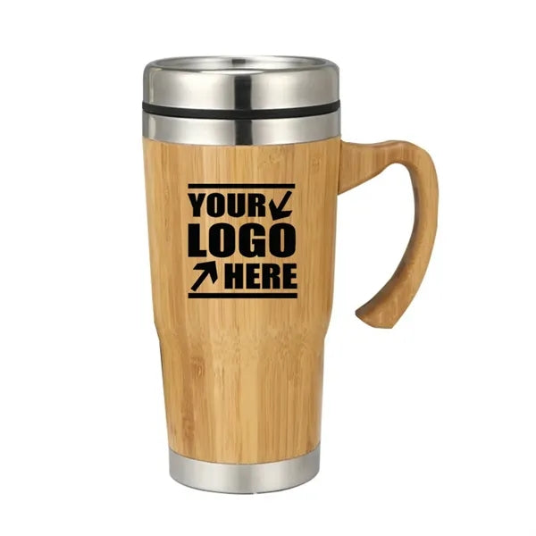 15 Oz Stainless Steel Bamboo Tumbler w/Handle