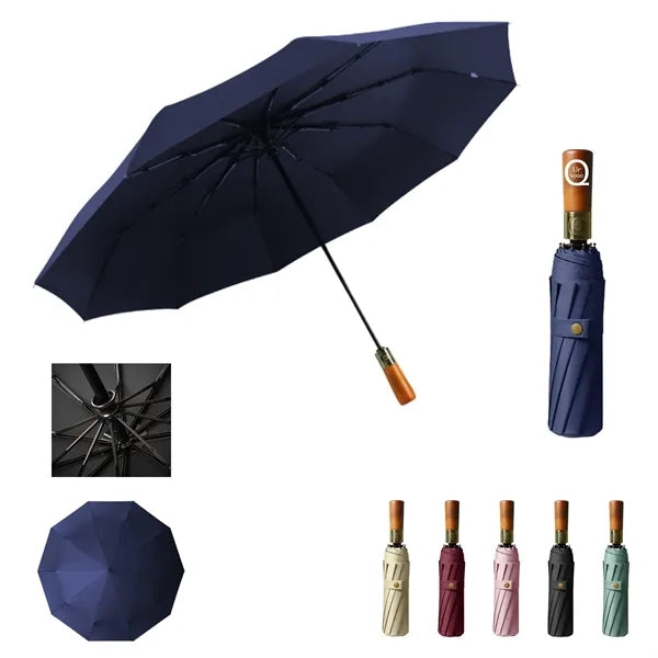 23-Inch Tri-Fold Automatic Umbrella With Original Wooden Han