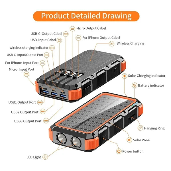 Solar Charger Power Bank Built-in 4 Cables 36800mAh