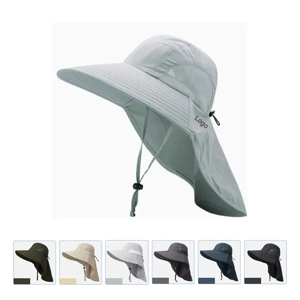 Extra wide brim bucket hat with neck flap